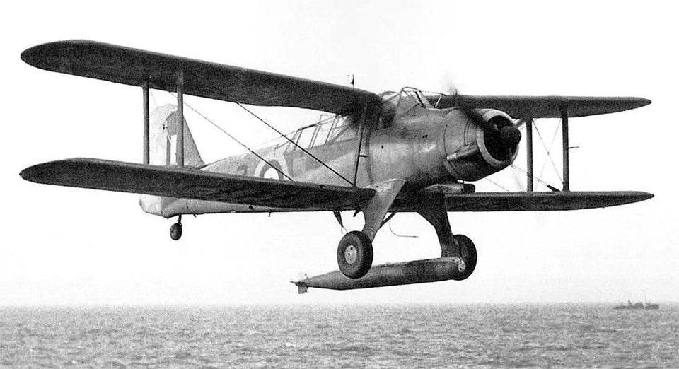 Fairey Albacore releases a torpedo